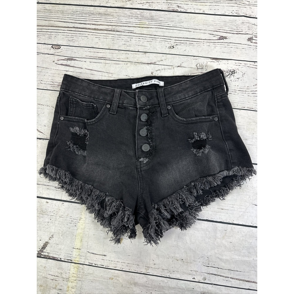 Celebrity Pink Black High Rise Distressed Denim Shorts Size 5/27 Button Fly Fray